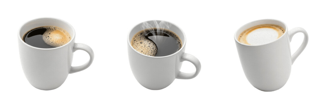 Set and collection of white ceramic coffee cup isolated on white transparent png background