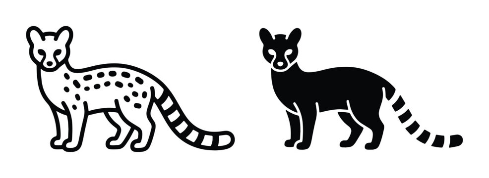 Genet wild animal vector icons, spotted genet cat silhouettes in black and white, African small carnivore illustrations for nature education