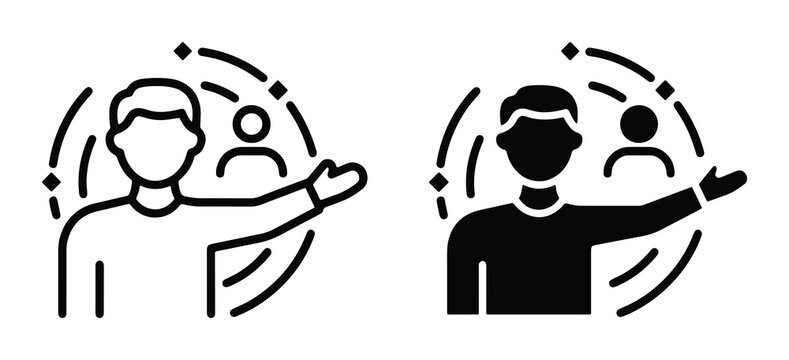 Minimalist referral program icon set, black line and solid vector avatars for customer loyalty, business networking and affiliate marketing graphics