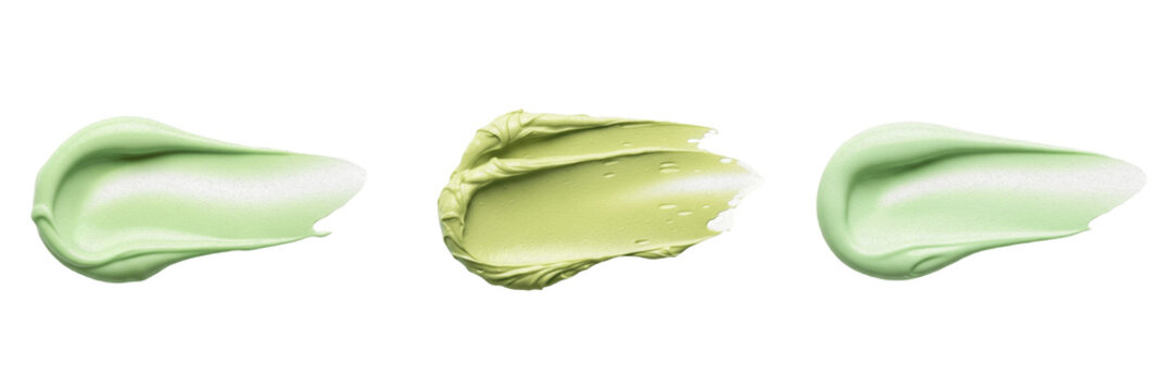Set and collection of green face cream smear isolated on white transparent png background
