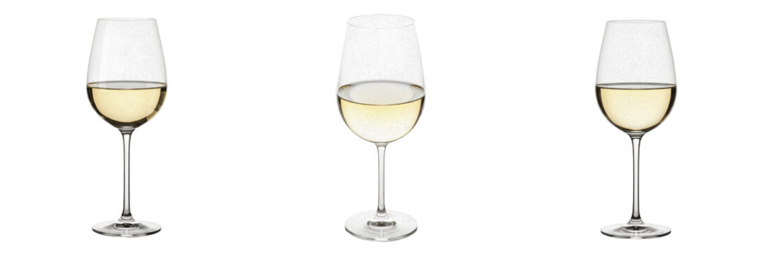 Set and collection of white wine glass isolated on white transparent png background
