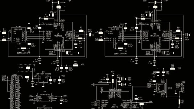 Video animation with schematic diagram of 
electronic device. Drawing electrical circuit with 
integrated circuit, resistor, capacitor, fuse, connector, quartz resonator, twisted pair, usb, i2c, other
