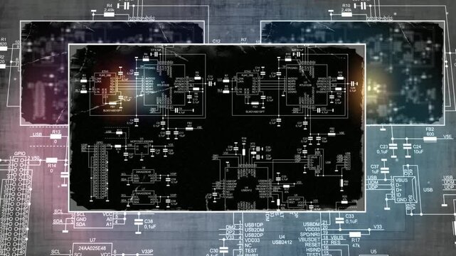Video animation with schematic diagram of 
electronic device. Drawing electrical circuit with 
integrated circuit, resistor, capacitor, fuse, connector, quartz resonator, twisted pair, usb, i2c, other