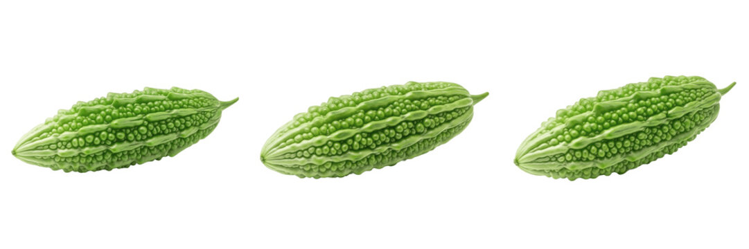 Set and collection of green bitter gourd vegetable isolated on white transparent png background