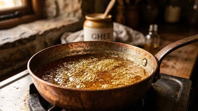 Boiling golden liquid ghee or clarified butter in a rustic copper pan.