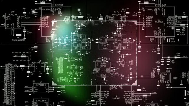 Video animation with schematic diagram of 
electronic device. Drawing electrical circuit with 
integrated circuit, resistor, capacitor, fuse, connector, quartz resonator, twisted pair, usb, i2c, other
