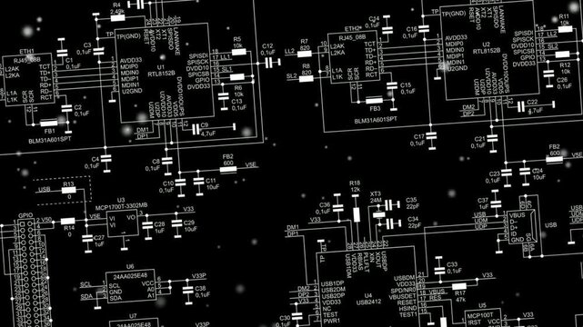 Video animation with schematic diagram of 
electronic device. Drawing electrical circuit with 
integrated circuit, resistor, capacitor, fuse, connector, quartz resonator, twisted pair, usb, i2c, other
