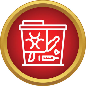 Biohazard bin containing medical waste, syringe, and gloves for safe sharps disposal