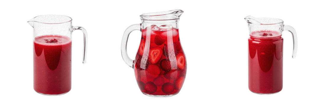 Set and collection of red juice pitcher jug isolated on white transparent png background