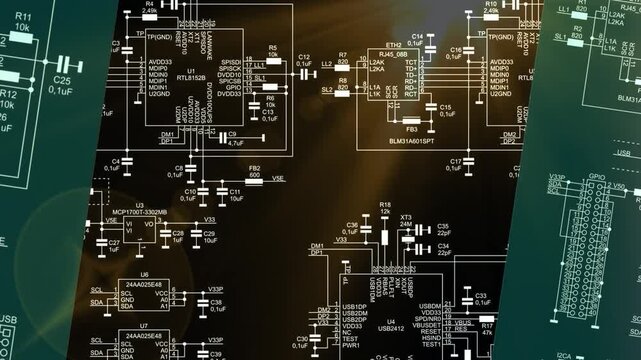 Video animation with schematic diagram of 
electronic device. Drawing electrical circuit with 
integrated circuit, resistor, capacitor, fuse, connector, quartz resonator, twisted pair, usb, i2c, other