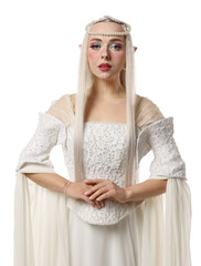 Naklejka premium Beautiful girl dressed as elf on white background