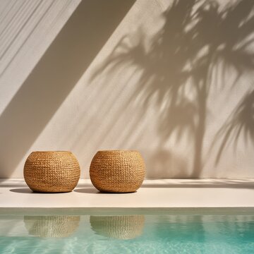 Two Round Woven Baskets Sit Next to a Clear Blue Pool Under Shadows From Palm Leaves