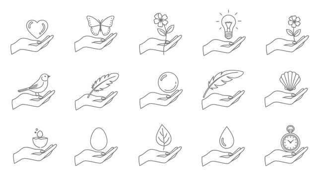 Line drawings of hands holding various objects.