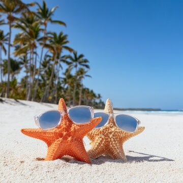 Starfish Wear Sunglasses on a Beach With Palm Trees Under a Clear Sky