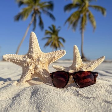 Starfish Wear Sunglasses on a Beach With Palm Trees Under a Clear Sky