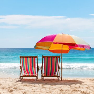 Bright Beach Scene Showing Two Chairs and an Umbrella Under a Clear Blue Sky