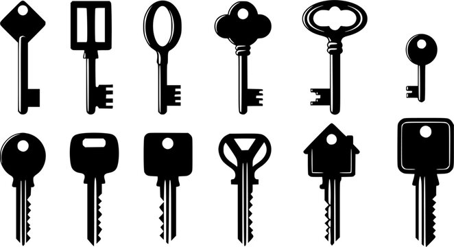 A set of 12 isolated key vector silhouettes, old and new. Transparent EPS version.
