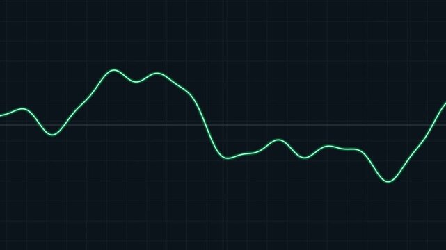 Neon green digital signal wave fluctuates across a dark electronic grid representing sound or data frequency