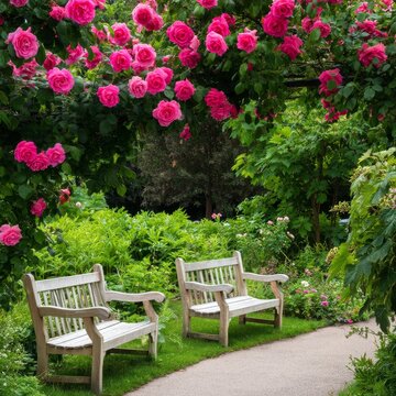 Benches Along a Path Surrounded by Pink Roses in a Garden During Daylight Hours