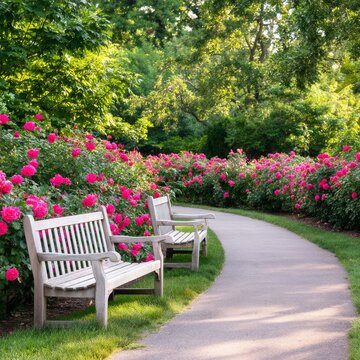 Benches Along a Path Surrounded by Pink Roses in a Garden During Daylight Hours