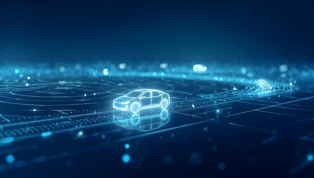 Futuristic autonomous electric car hologram on a digital data grid