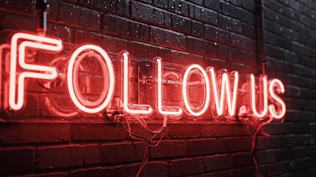 Red neon sign glowing on brick wall invites viewers to follow us and discover more in a captivating urban setting