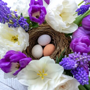 Colorful Nest With Decorated Eggs Surrounded by Flowers in Springtime