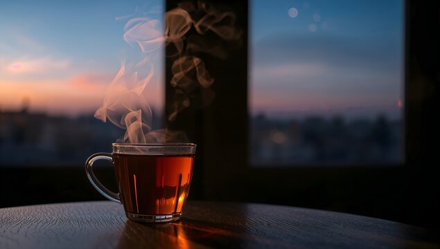 Steaming glass cup of hot tea on a wooden table at sunset