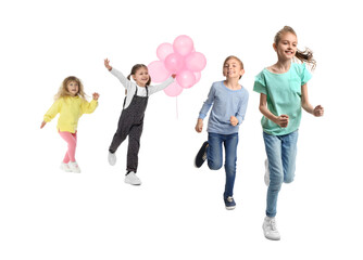 Obraz premium Group of happy children running on white background