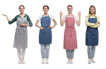 Obraz premium Women wearing different aprons on white background. Collection of portraits