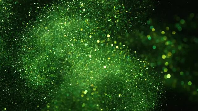 Glittering green particles create an engaging visual effect with movement in a dark background setting
