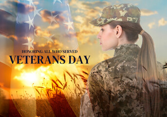 Obraz premium Veterans Day poster. Female soldier and flag of USA against field at sunset, double exposure