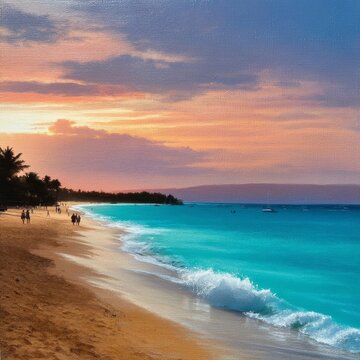 Sunset View of Beach With People Walking Along the Shore and Boats in the Distance