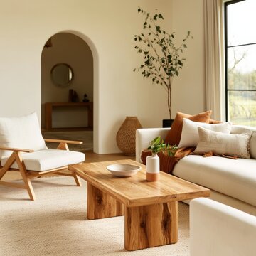 Cozy Living Room With a Wooden Coffee Table and Bright Natural Light in a Modern Home Setting