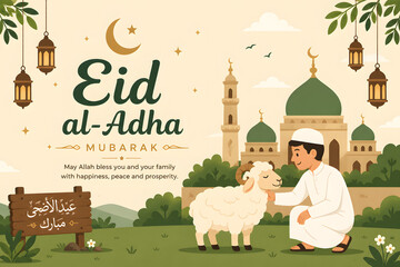 Naklejka premium eid al adha mubarak greeting card with mosque and boy feeding sheep at sunset