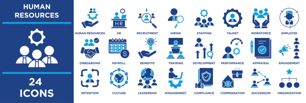 Human resources icon collection set. Containing training, development, performance, appraisal, engagement, retention, culture, leadership, management. solid