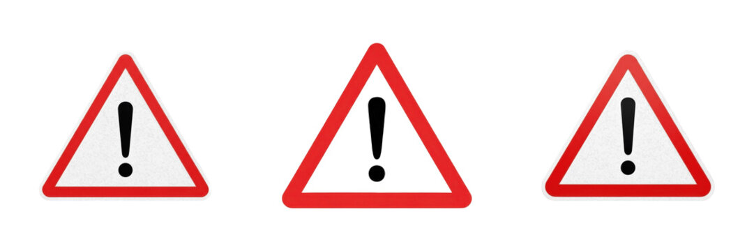 Set and collection of red triangle warning sign isolated on white transparent png background