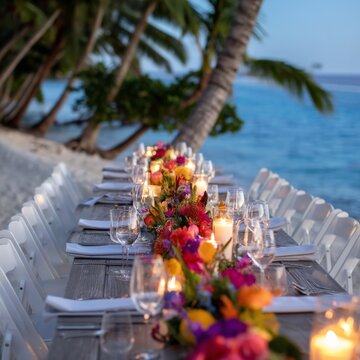 Elegant Dinner Setup on the Beach With Candles and Flowers Near the Water at Sunset