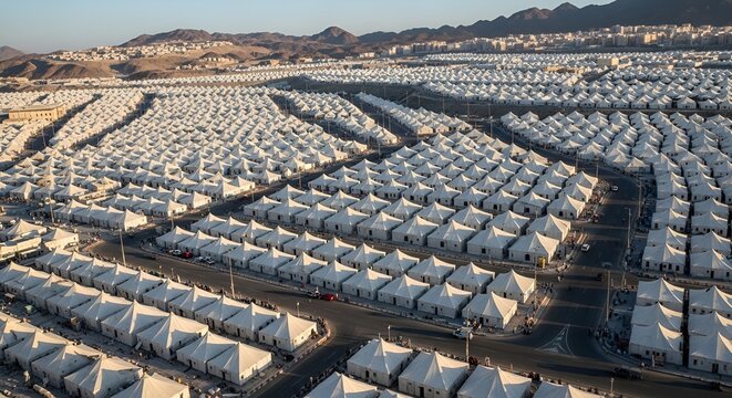 Vast Tent City Aerial View, Mina Saudi Arabia, Islamic Pilgrimage Site, Religious Gathering