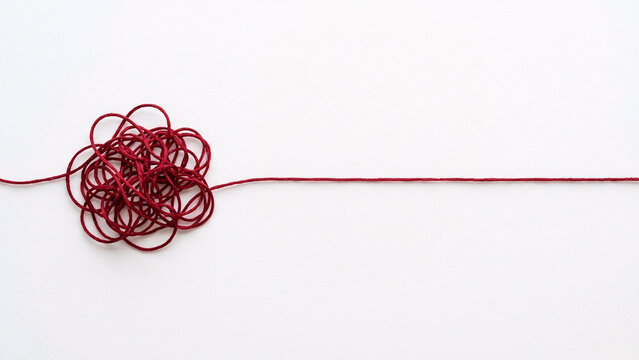 Tangled ball of red yarn unraveling into a single straight thread, problem solving concept.