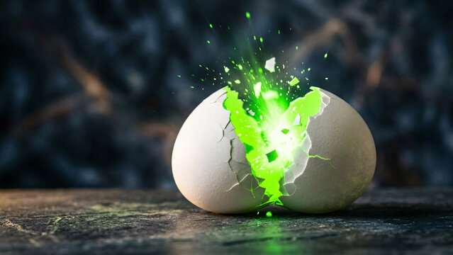 Cracked egg glowing with bright magical neon green light emerging from inside.