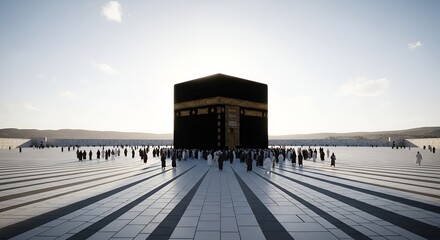 Fototapeta premium Kaaba, Mecca: Pilgrims gather in the vast courtyard at sunrise, casting long shadows.