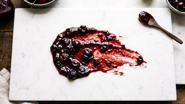 Smear of sticky red berry jam or fruit compote on a white background