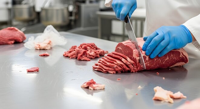 Butcher slicing meat on a stainless steel table in a spotless processing facility with close up industrial detail