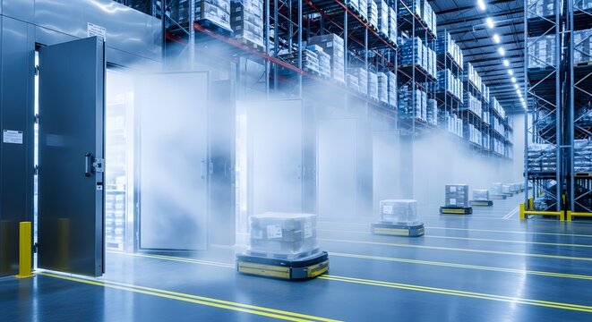 Cinematic frigorifico interior with cold vapor steel structures and precise production flow for high end industrial realism