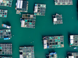 Aerial view of a floating fish farm in the turquoise waters of Hon Mieu, Nha Trang, Vietnam, showcasing aquaculture practices and the daily life of fishermen. © Zenstratus