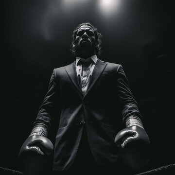 Boxer defense attorney in suit wears boxing gloves - dramatic black and white low angle of a legal fighter, black background - concept for lawyer firm defending justice and fighting for clients
