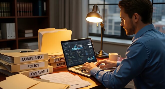 Legal analyst examining responsible AI controls on a laptop surrounded by folders labeled compliance policy and oversight