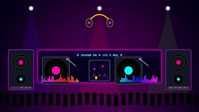 A vibrant Virtual Broadcast Studio pulses with electric energy as neon lights shift across digital turntables while a silhouetted crowd dances to the beat