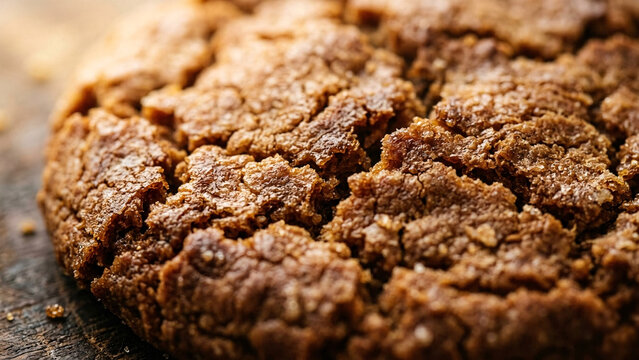 Macro texture of a freshly baked crumbly oatmeal or chocolate chip cookie.